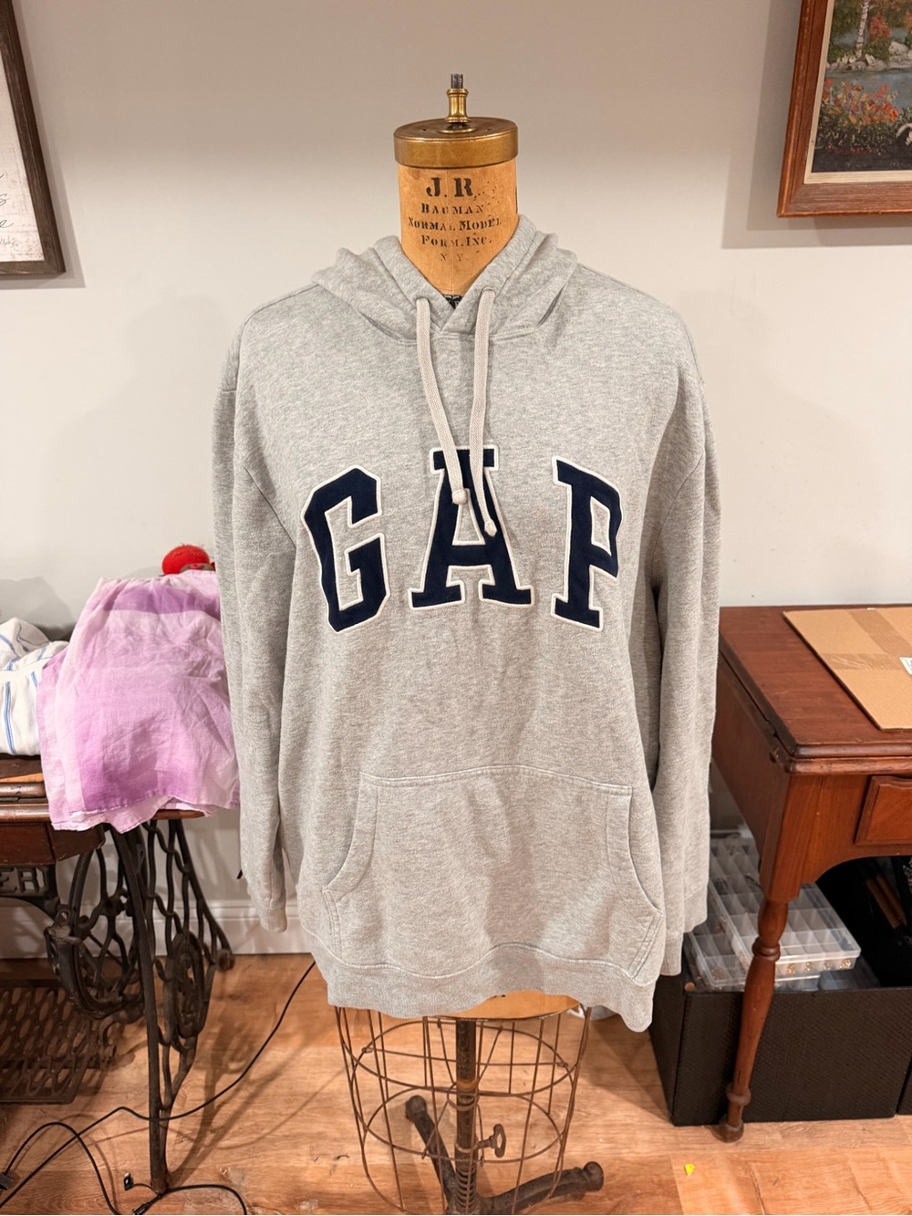 GAP Light Gray Hoodie with Navy Logo